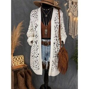 Torrid Open Knit Crochet Cardigan Sweater Size 3X White Long Sleeve Boho Layer
